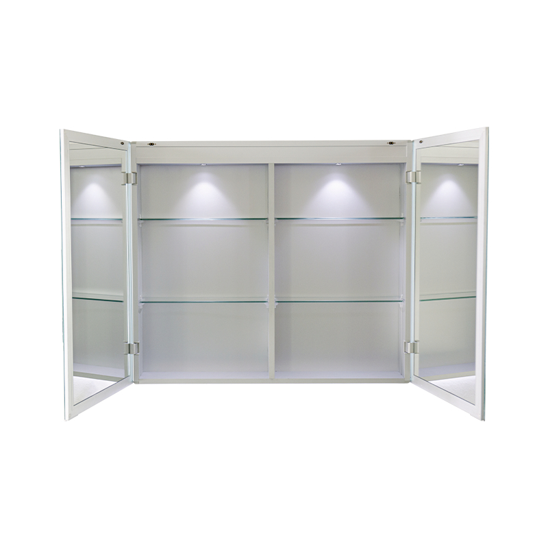 Dulap cu oglindă inteligentă pentru baie LED cu două uși (cu comutator anti-aburire cu glisare manuală) Dulap cu oglindă inteligentă pentru baie LED cu două uși (cu comutator anti-aburire cu glisare manuală)